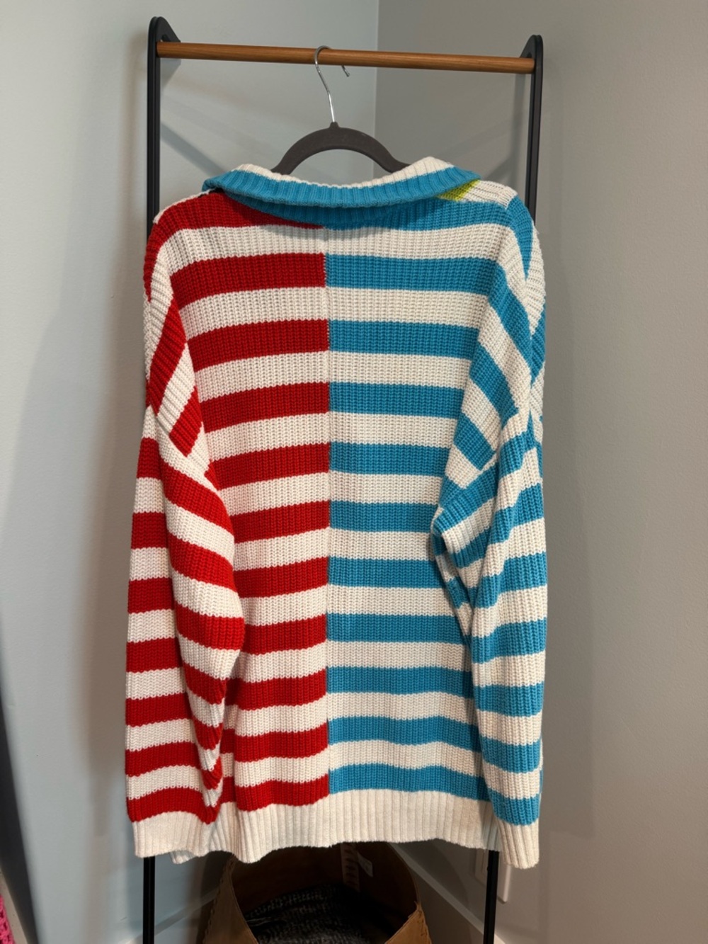 STAUD Women’s Oversized Hampton Striped Quarter-Zip Sweater in Blue, Red & White - Picture 3 of 4